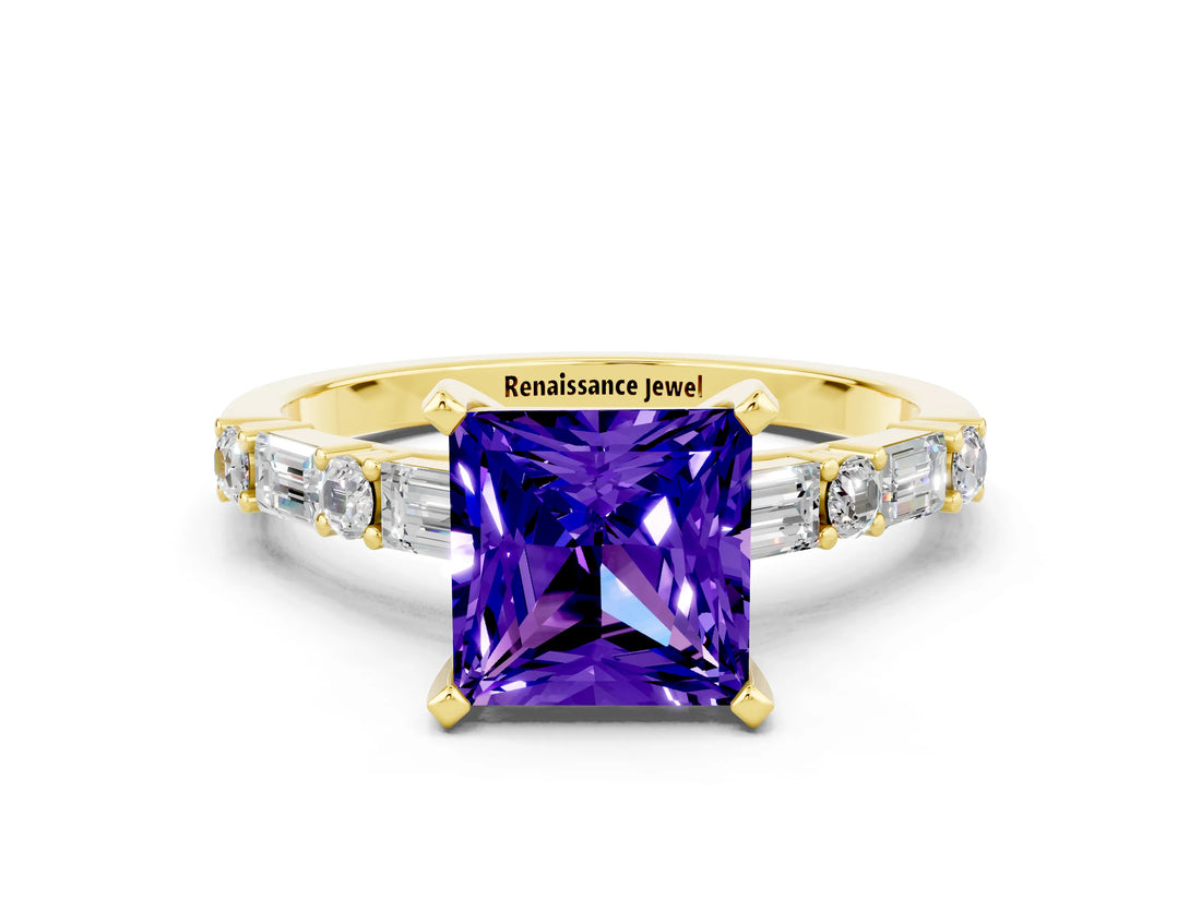Yellow gold Princess Cut Tanzanite Solitaire with Side Baguettes and Channel Set Band