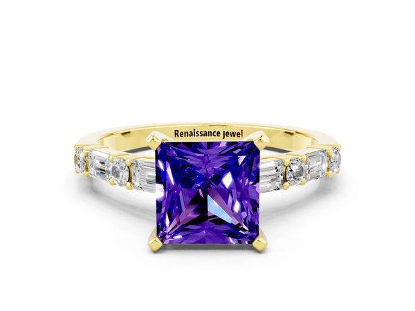 Yellow gold Princess Cut Tanzanite Solitaire with Side Baguettes and Channel Set Band