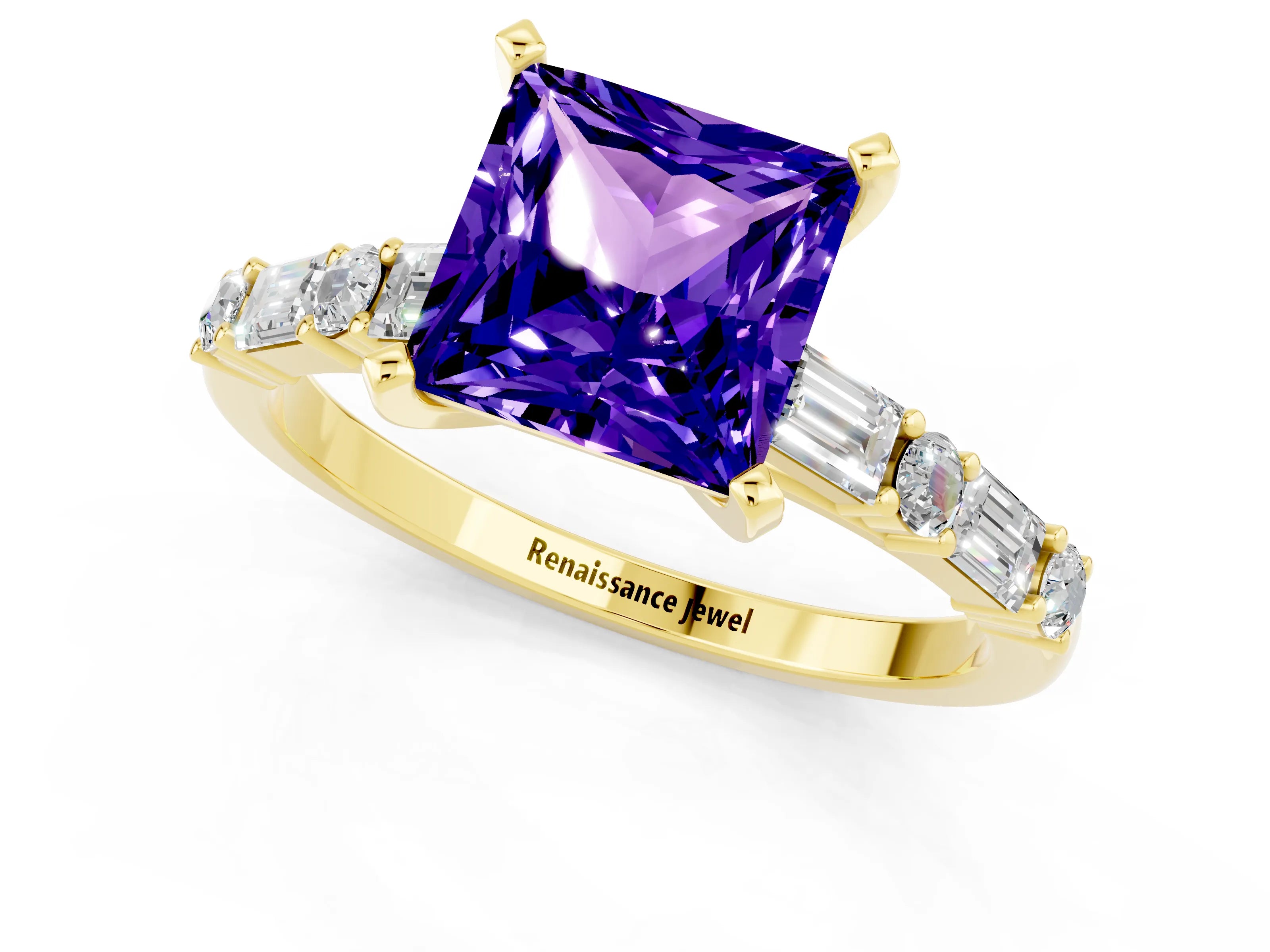 Yellow gold Princess Cut Tanzanite Solitaire with Side Baguettes and Channel Set Band_1