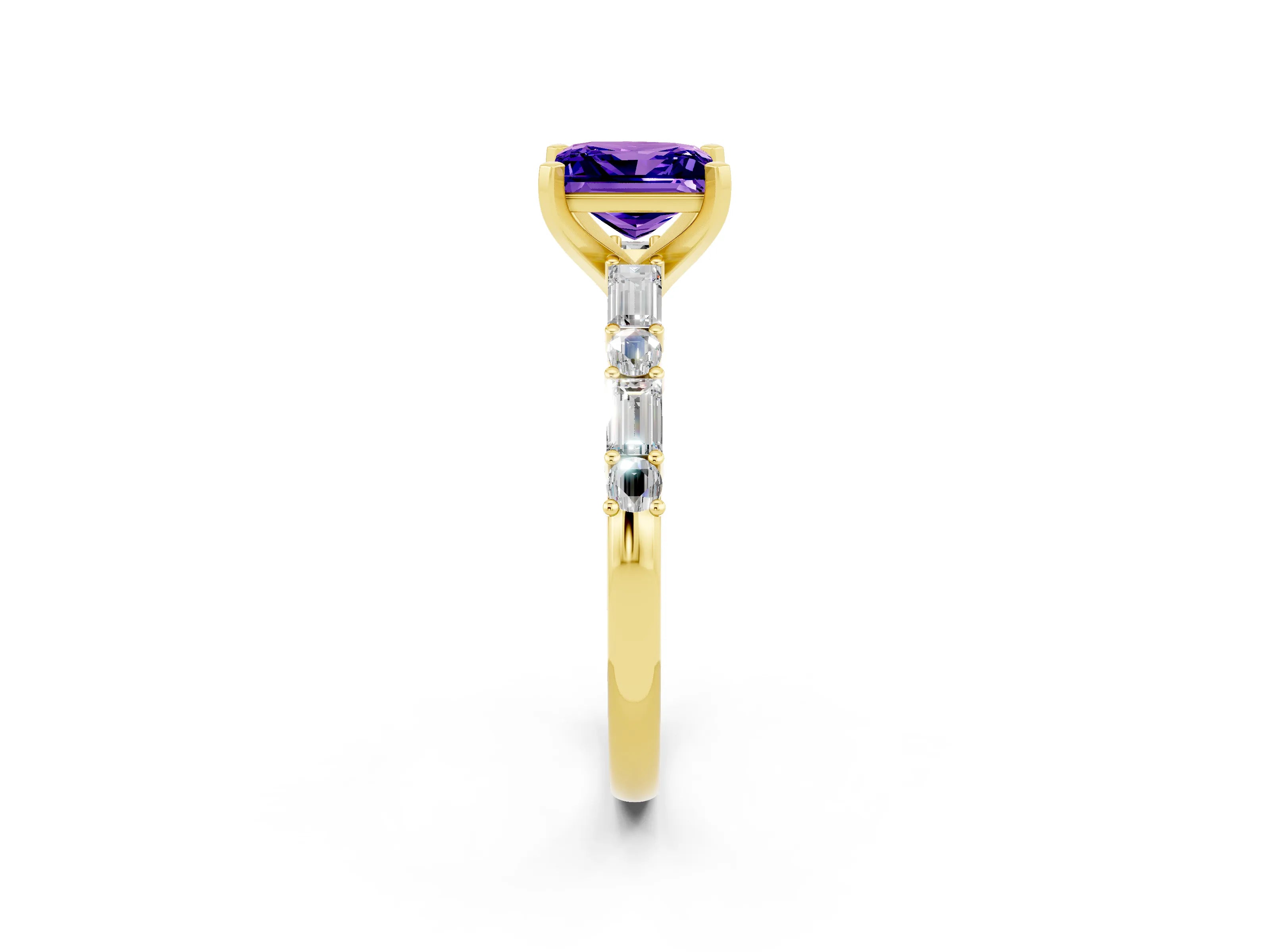 Yellow gold Princess Cut Tanzanite Solitaire with Side Baguettes and Channel Set Band_2