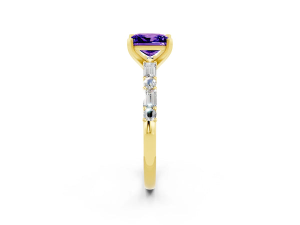 Yellow gold Princess Cut Tanzanite Solitaire with Side Baguettes and Channel Set Band