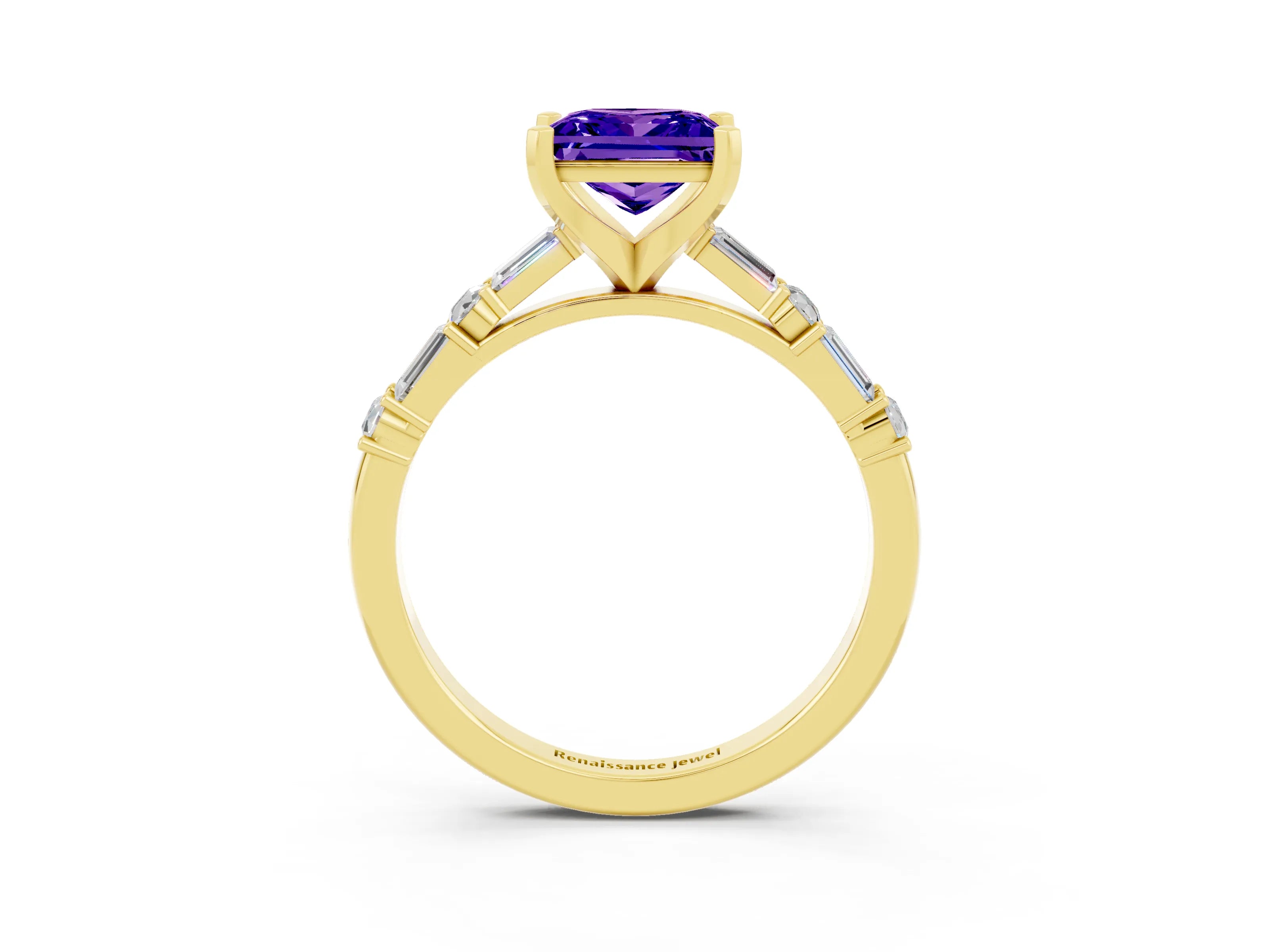 Yellow gold Princess Cut Tanzanite Solitaire with Side Baguettes and Channel Set Band_3
