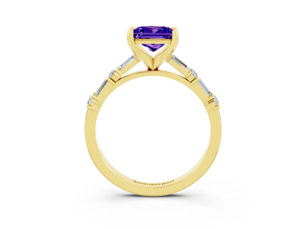 Yellow gold Princess Cut Tanzanite Solitaire with Side Baguettes and Channel Set Band