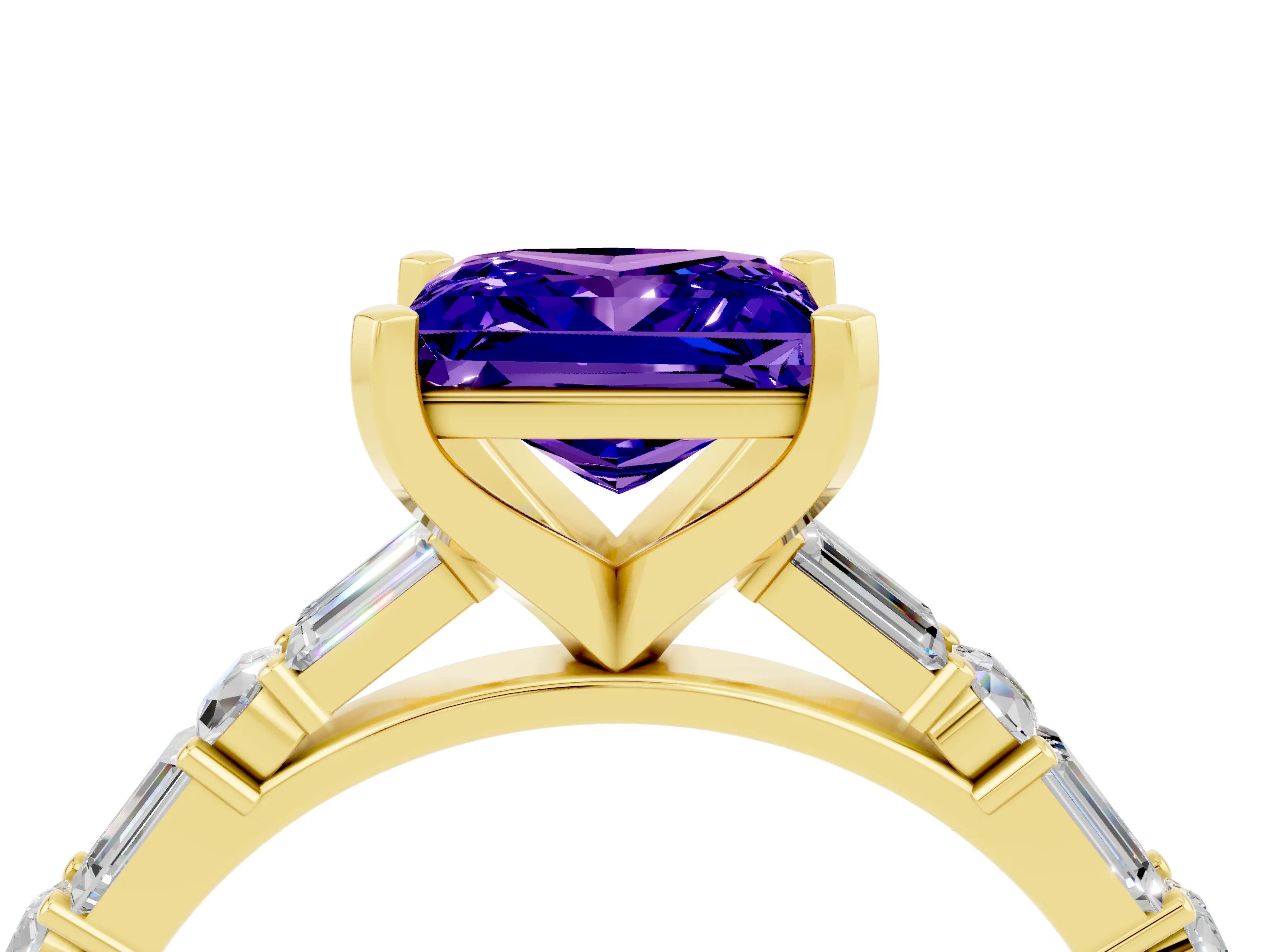 Yellow gold Princess Cut Tanzanite Solitaire with Side Baguettes and Channel Set Band_4