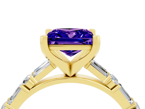 Yellow gold Princess Cut Tanzanite Solitaire with Side Baguettes and Channel Set Band_4