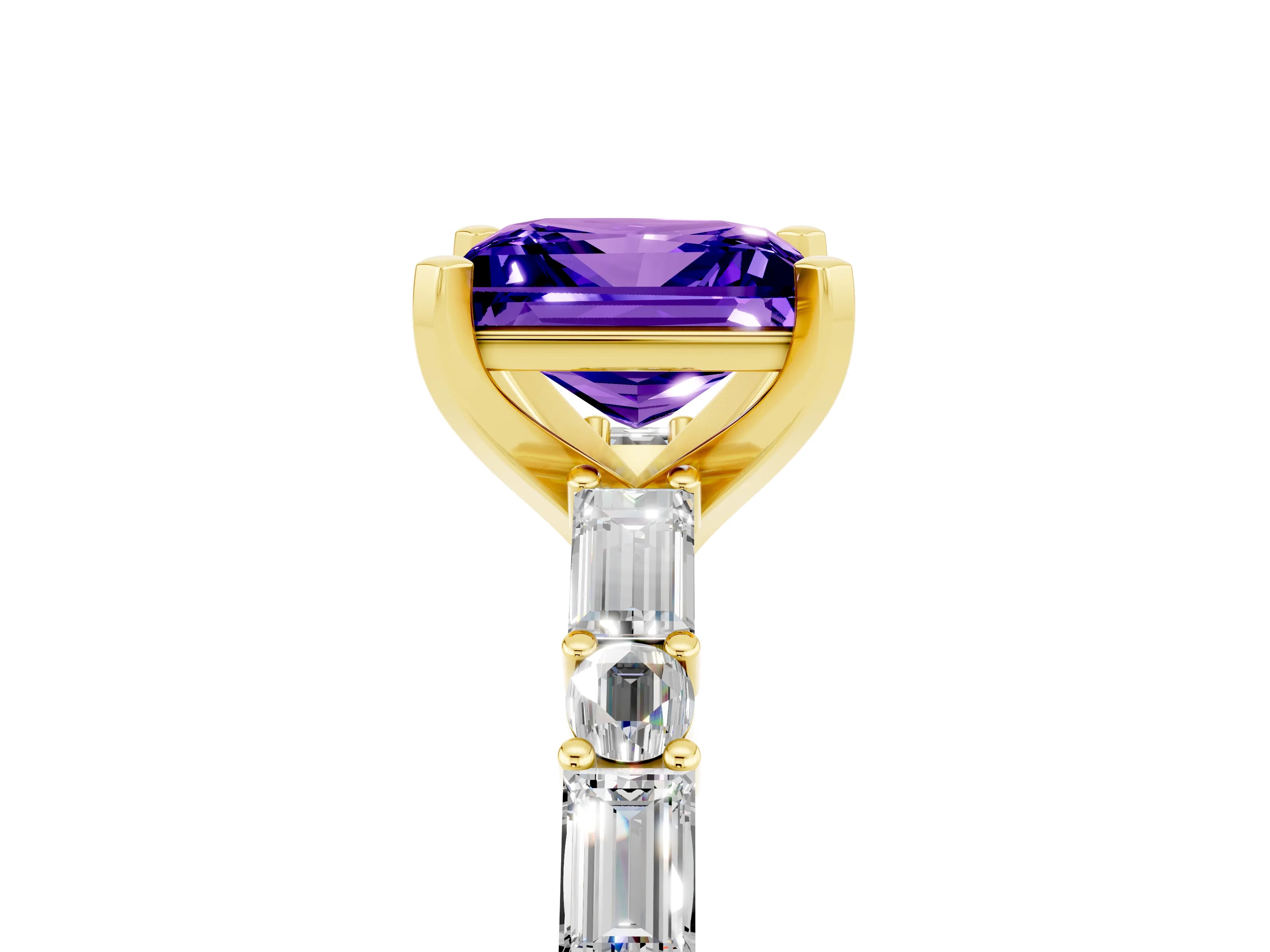 Yellow gold Princess Cut Tanzanite Solitaire with Side Baguettes and Channel Set Band_5