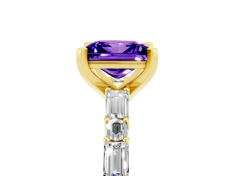 Yellow gold Princess Cut Tanzanite Solitaire with Side Baguettes and Channel Set Band_5