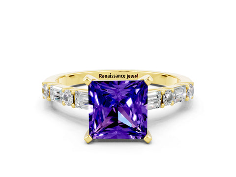 Yellow gold Princess Cut Tanzanite Solitaire with Side Baguettes and Channel Set Band
