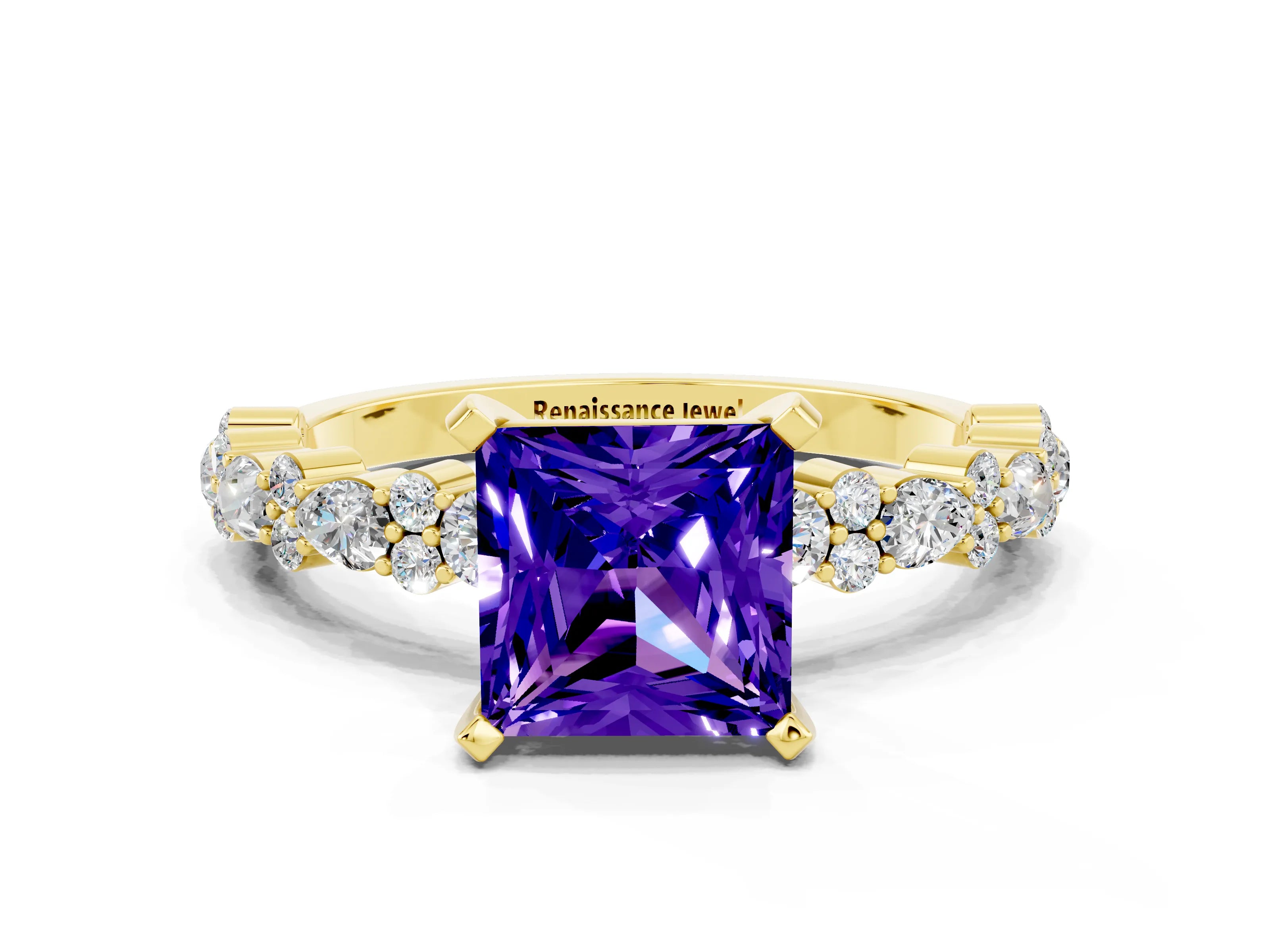 Yellow gold Princess Cut Tanzanite Solitaire with Side Stones, Pave Band, Four-Prong Setting_36