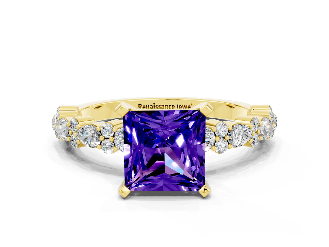 Yellow gold Princess Cut Tanzanite Solitaire with Side Stones, Pave Band, Four-Prong Setting_36