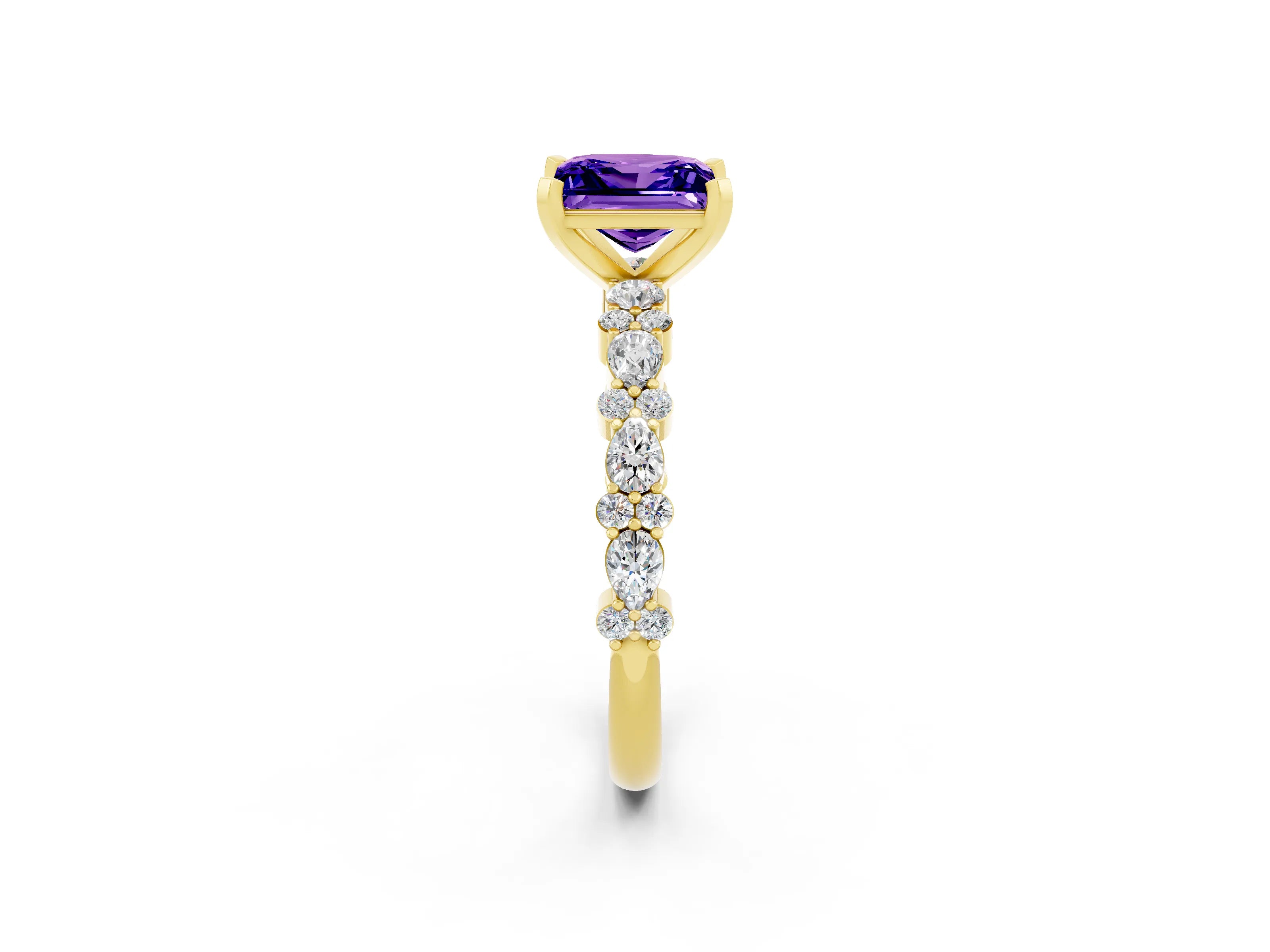 Yellow gold Princess Cut Tanzanite Solitaire with Side Stones, Pave Band, Four-Prong Setting_38