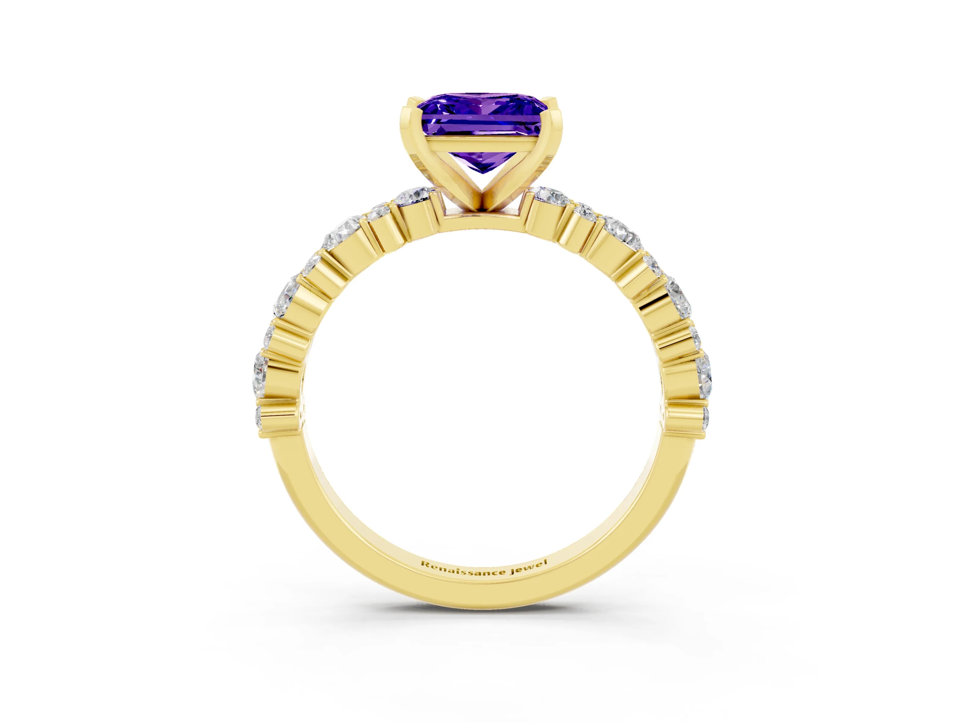 Yellow gold Princess Cut Tanzanite Solitaire with Side Stones, Pave Band, Four-Prong Setting_39