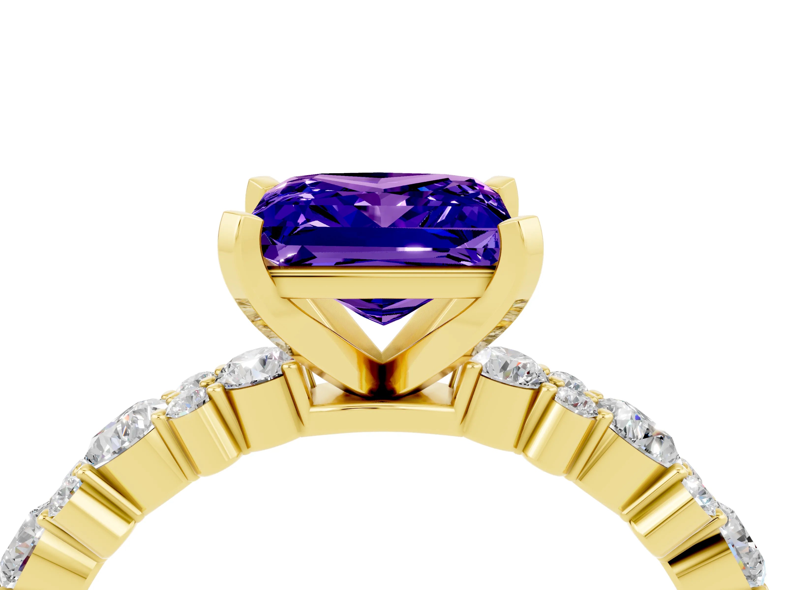Yellow gold Princess Cut Tanzanite Solitaire with Side Stones, Pave Band, Four-Prong Setting_40