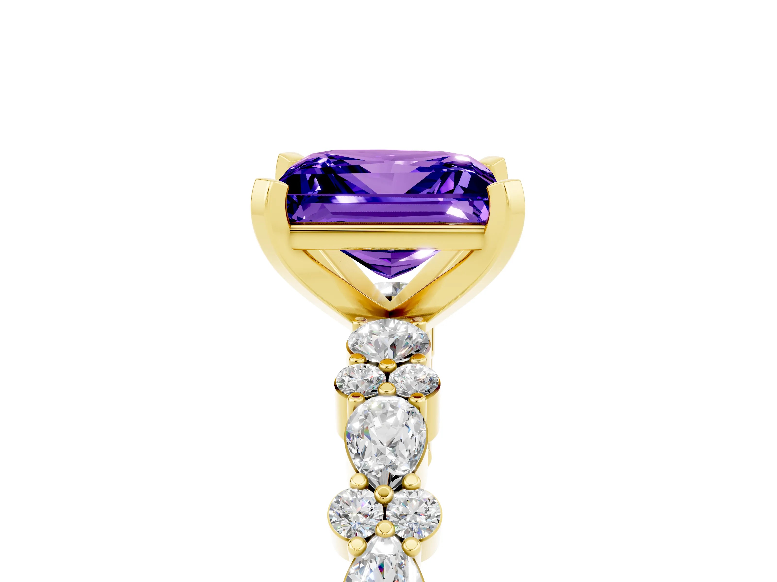 Yellow gold Princess Cut Tanzanite Solitaire with Side Stones, Pave Band, Four-Prong Setting_41