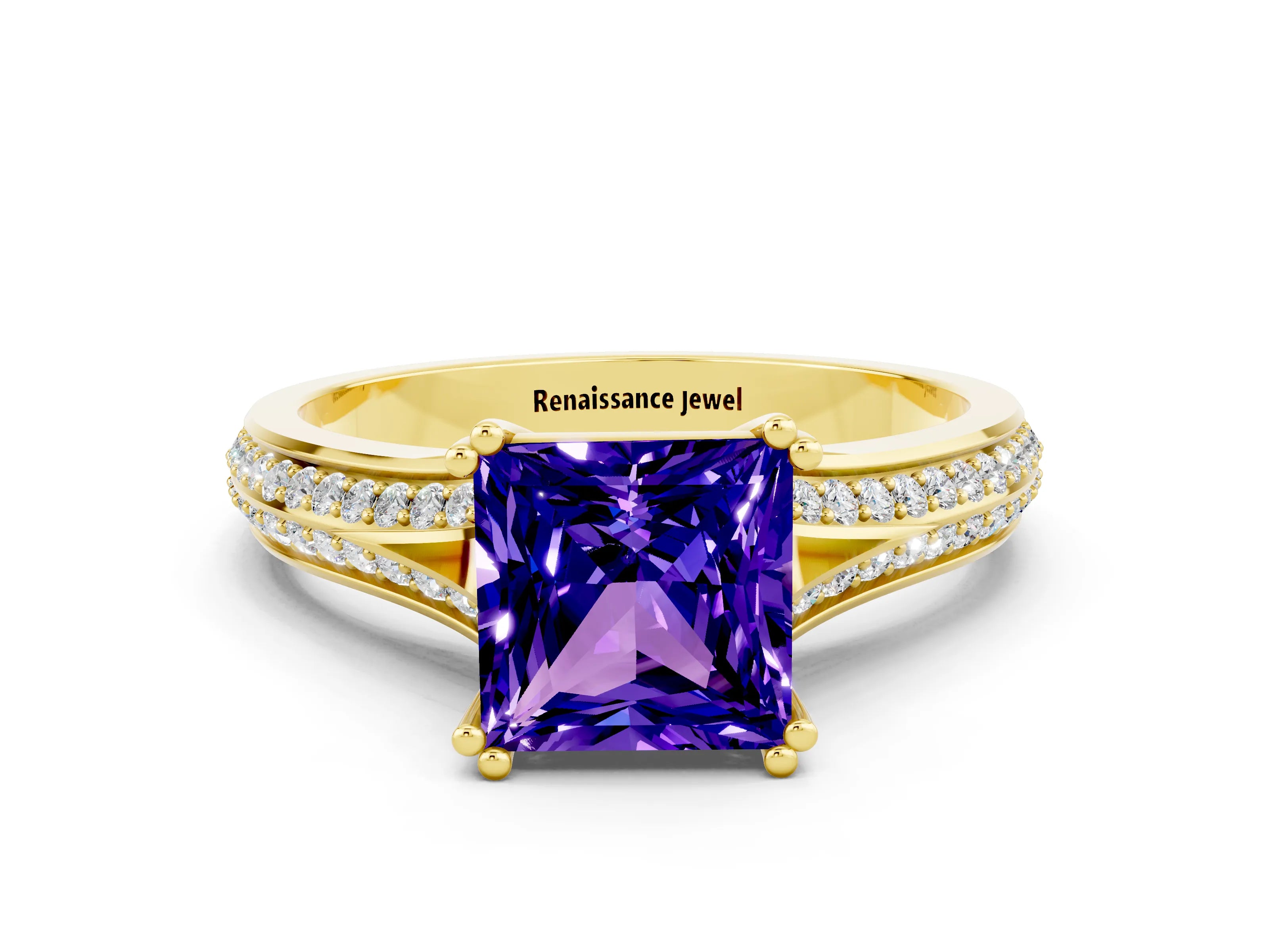 Yellow gold Princess Cut Tanzanite Split Shank Engagement Ring with Pavé Band