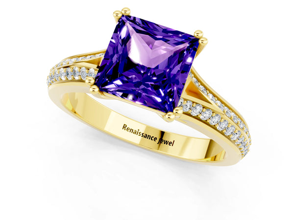 Yellow gold Princess Cut Tanzanite Split Shank Engagement Ring with Pavé Band