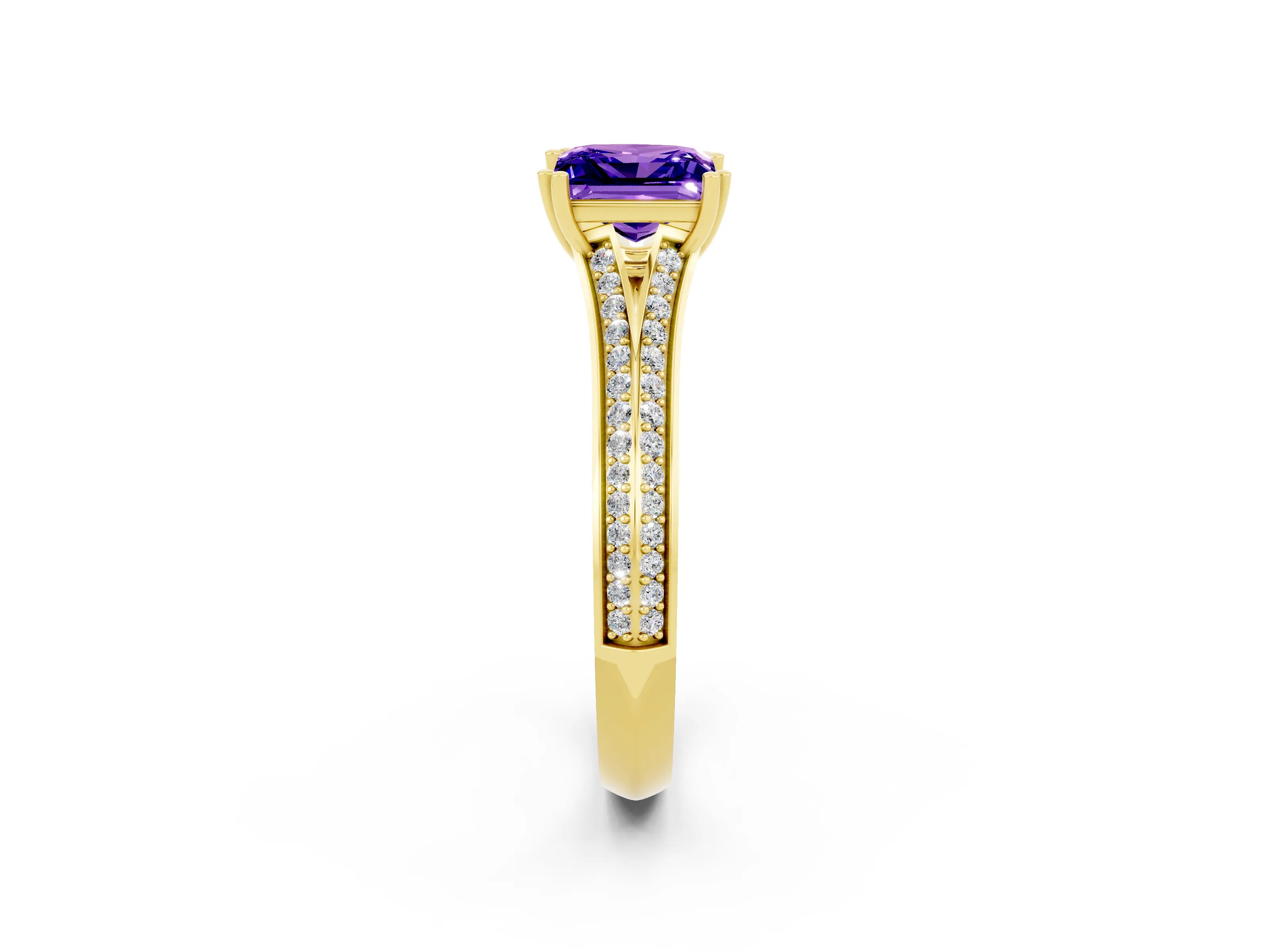 Yellow gold Princess Cut Tanzanite Split Shank Engagement Ring with Pavé Band_2