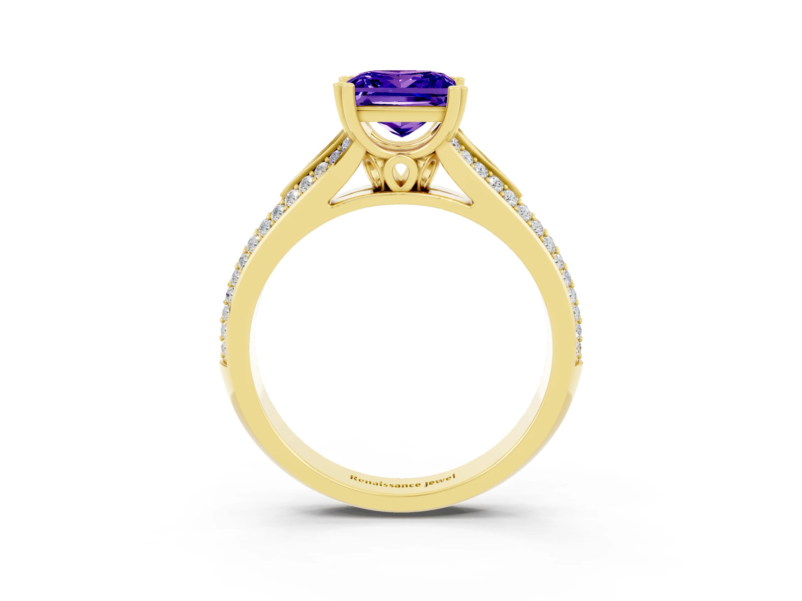 Yellow gold Princess Cut Tanzanite Split Shank Engagement Ring with Pavé Band_3