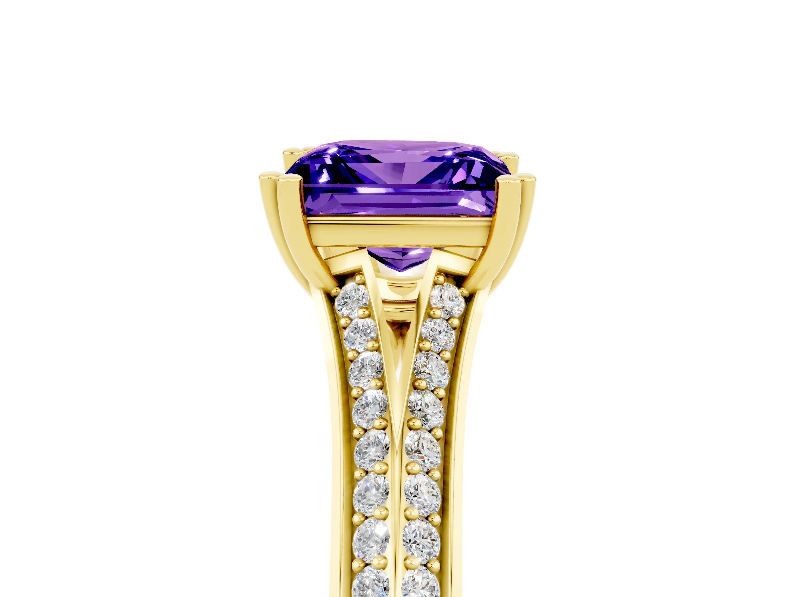 Yellow gold Princess Cut Tanzanite Split Shank Engagement Ring with Pavé Band_5