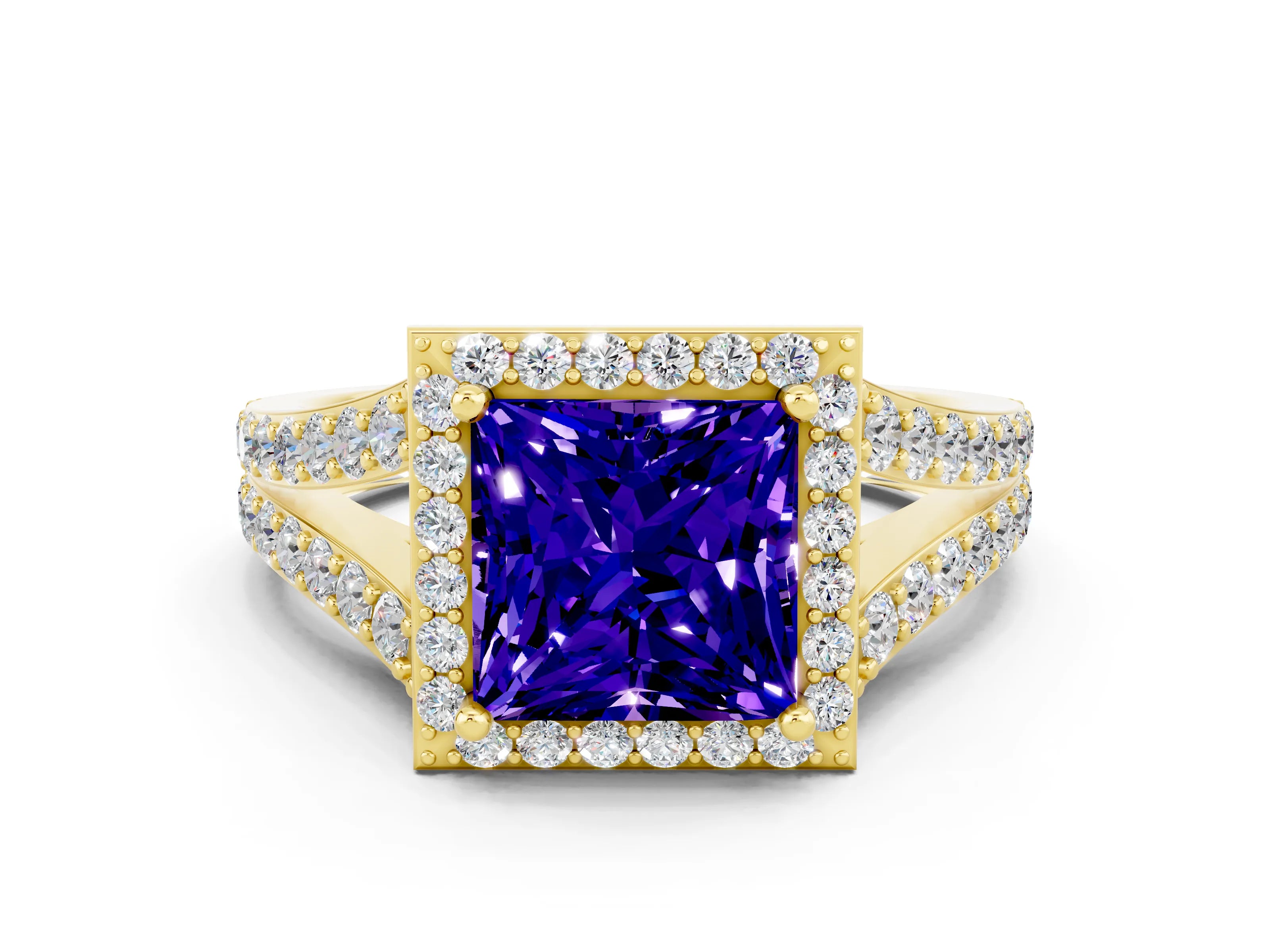 Yellow gold Princess Cut Tanzanite Split Shank Halo Ring with Four-Prong Setting_12
