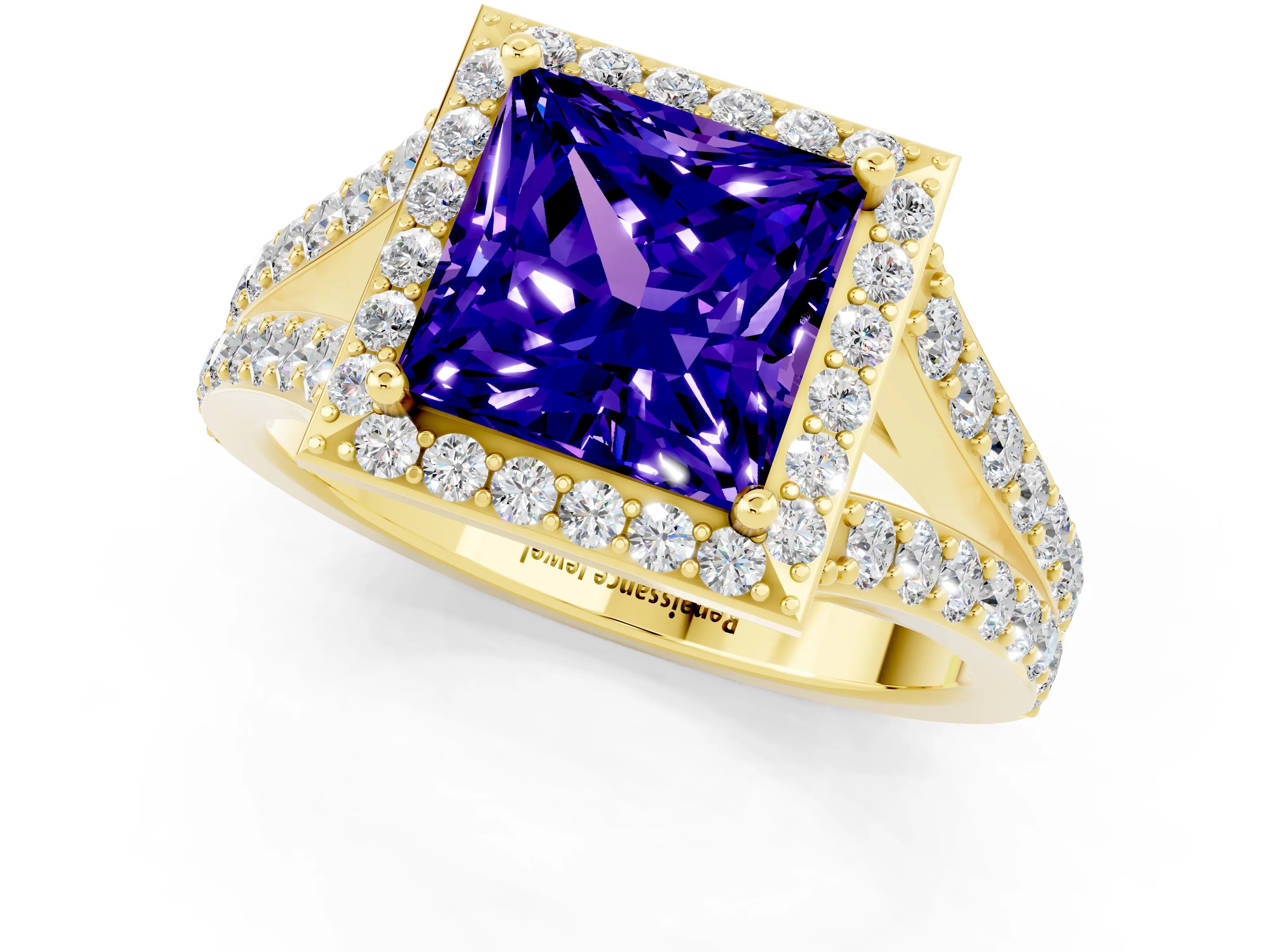 Yellow gold Princess Cut Tanzanite Split Shank Halo Ring with Four-Prong Setting_13