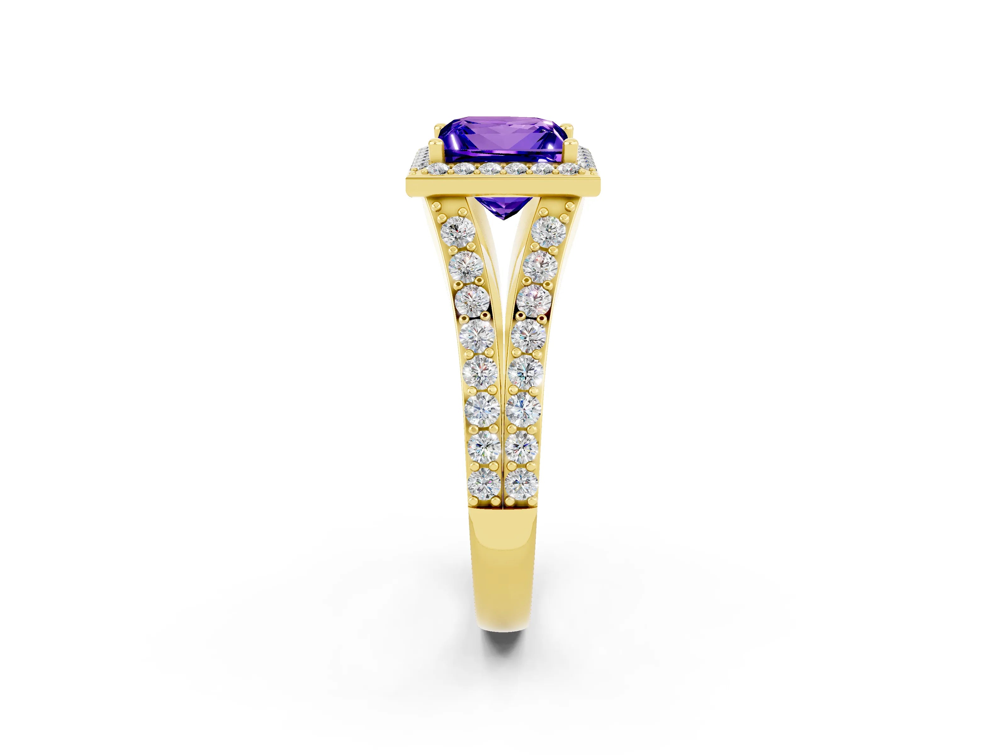 Yellow gold Princess Cut Tanzanite Split Shank Halo Ring with Four-Prong Setting_14