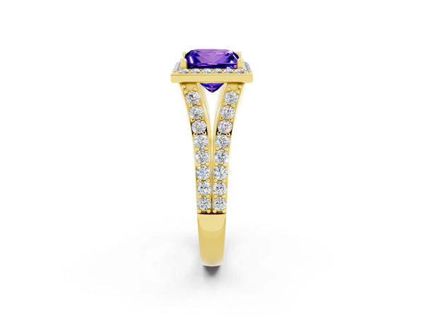 Yellow gold Princess Cut Tanzanite Split Shank Halo Ring with Four-Prong Setting