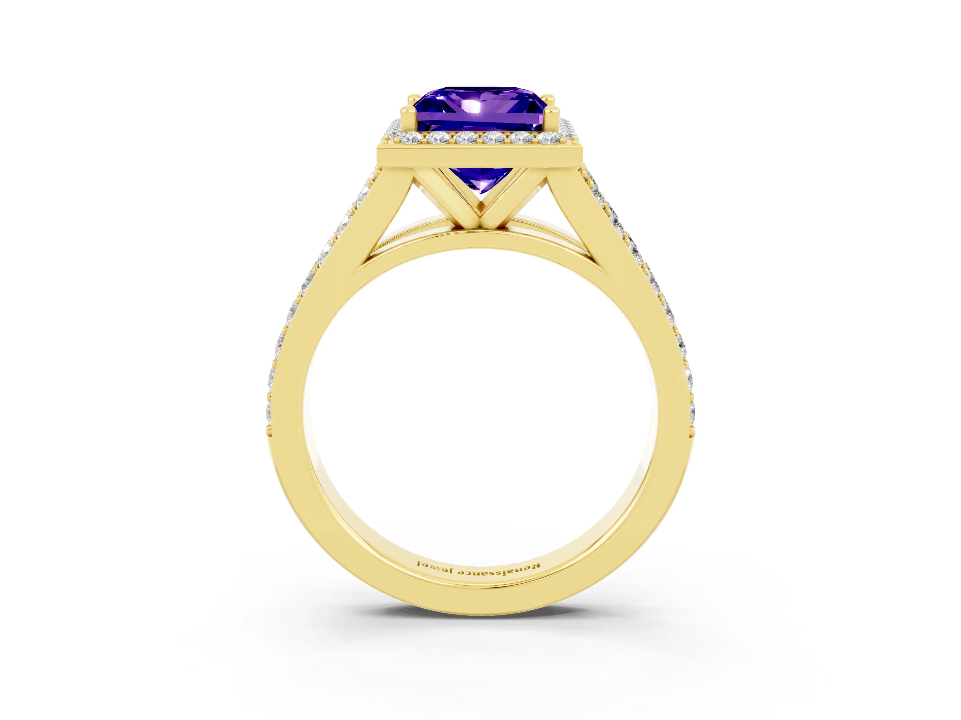 Yellow gold Princess Cut Tanzanite Split Shank Halo Ring with Four-Prong Setting_15
