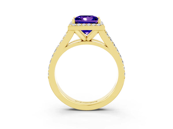 Yellow gold Princess Cut Tanzanite Split Shank Halo Ring with Four-Prong Setting