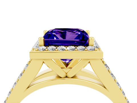 Yellow gold Princess Cut Tanzanite Split Shank Halo Ring with Four-Prong Setting_16