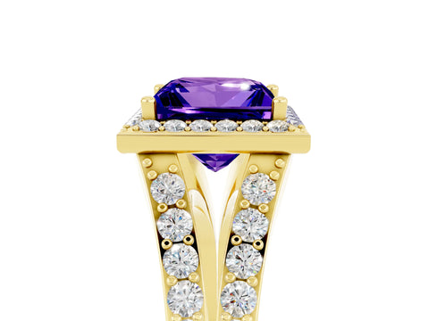 Yellow gold Princess Cut Tanzanite Split Shank Halo Ring with Four-Prong Setting_17