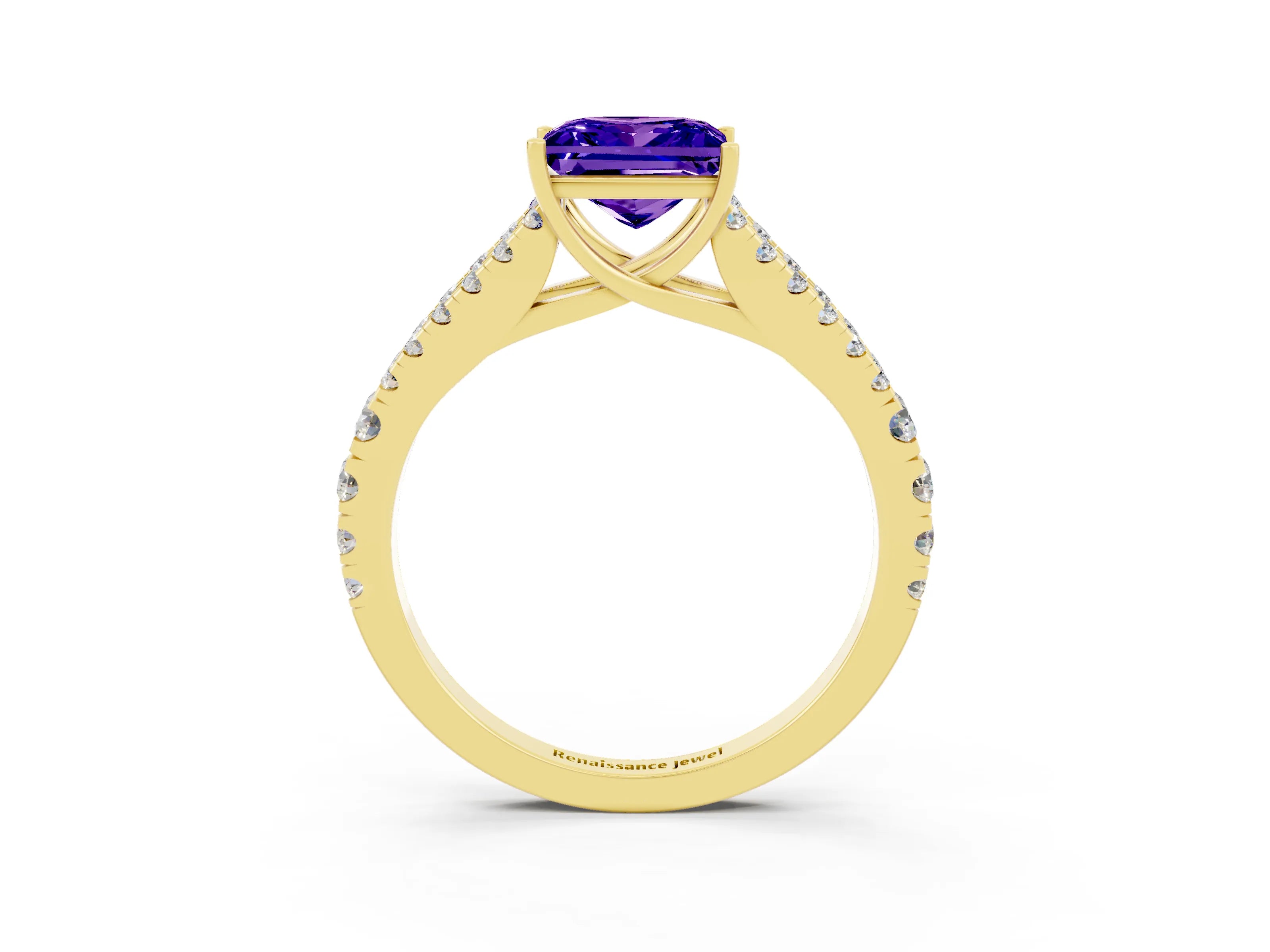Yellow gold Princess Cut Tanzanite Split Shank Pavé Engagement Ring with Four-Prong Setting_15