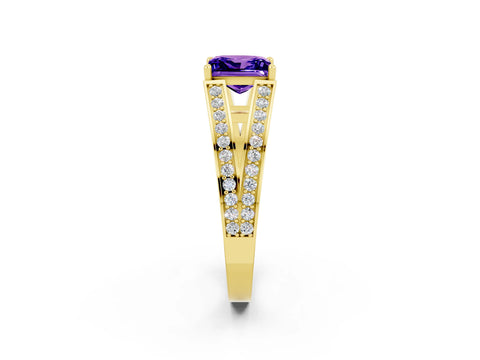 Yellow gold Princess Cut Tanzanite Split Shank Ring with Pavé Band and Four-Prong Setting_2