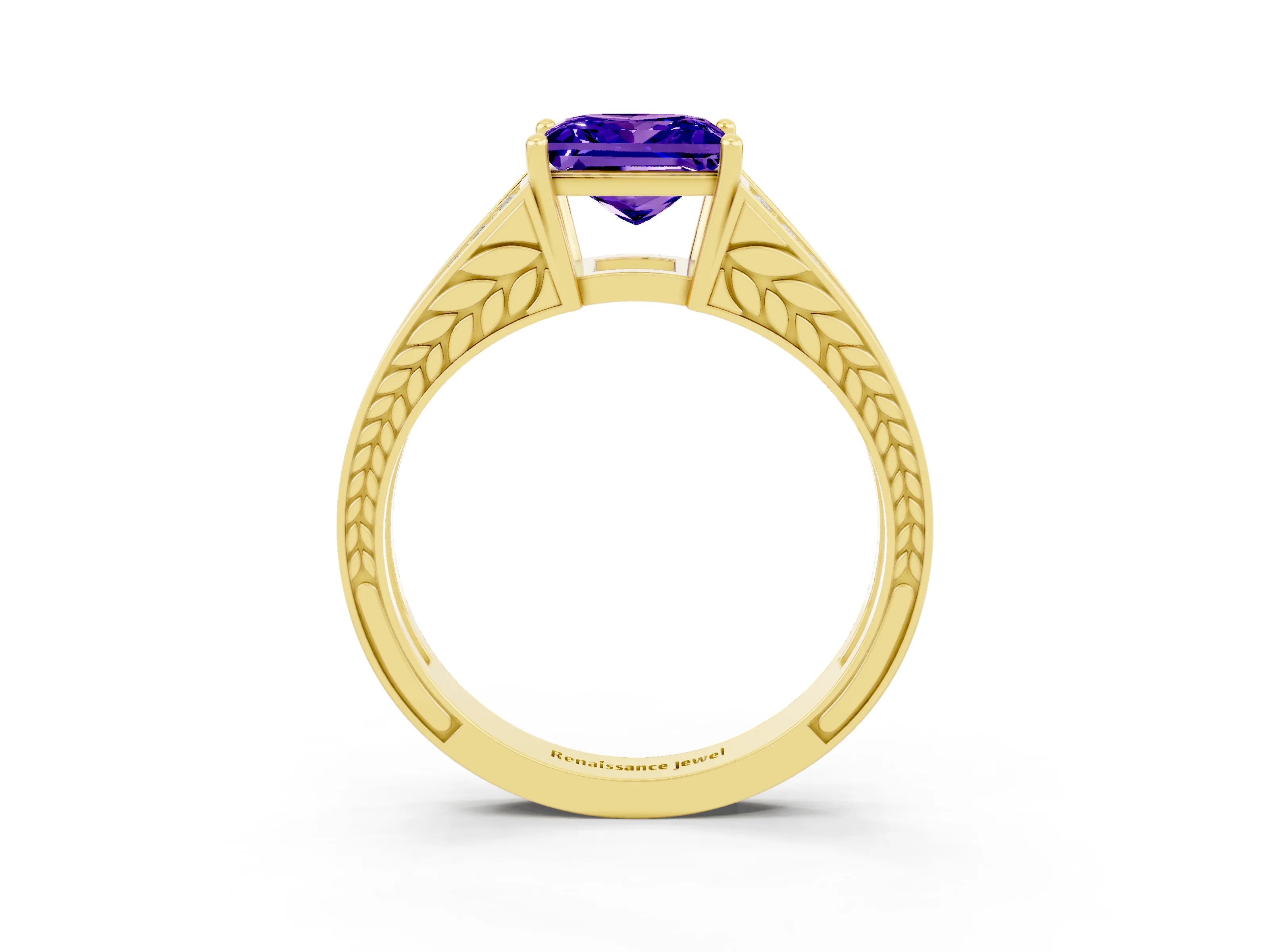 Yellow gold Princess Cut Tanzanite Split Shank Ring with Pavé Band and Four-Prong Setting_3
