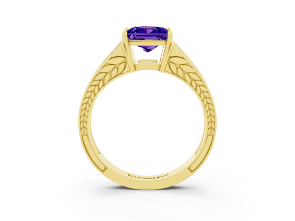 Yellow gold Princess Cut Tanzanite Split Shank Ring with Pavé Band and Four-Prong Setting