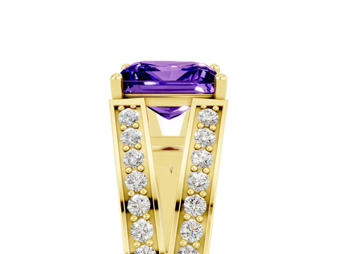 Yellow gold Princess Cut Tanzanite Split Shank Ring with Pavé Band and Four-Prong Setting_5