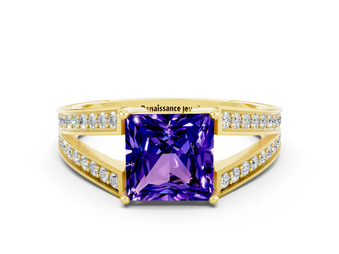 Yellow gold Princess Cut Tanzanite Split Shank Ring with Pavé Band and Four-Prong Setting