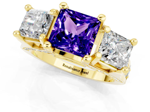 Yellow gold Princess Cut Tanzanite Three-Stone Ring with Channel Set Band and Four-Prong Setting_1
