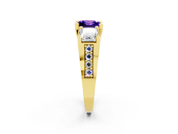 Yellow gold Princess Cut Tanzanite Three-Stone Ring with Channel Set Band and Four-Prong Setting