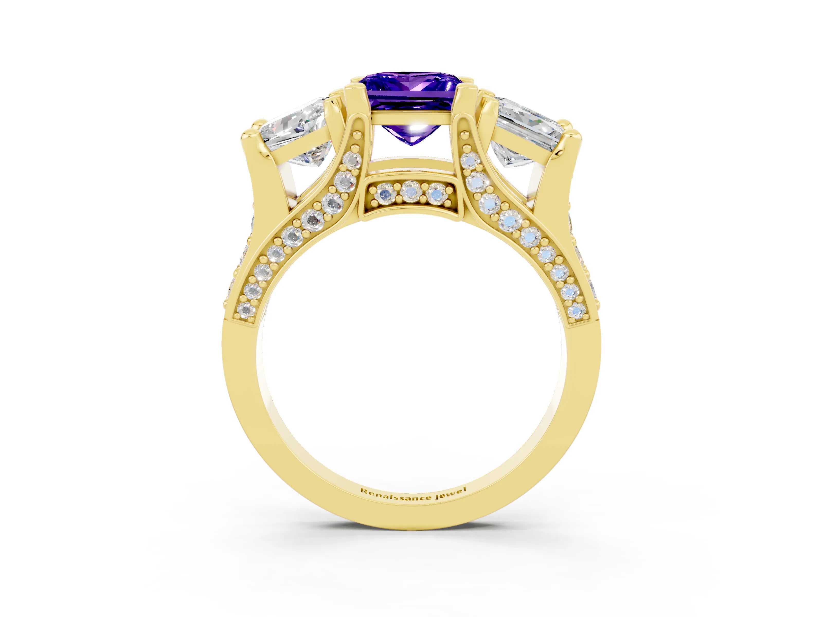 Yellow gold Princess Cut Tanzanite Three-Stone Ring with Channel Set Band and Four-Prong Setting_3