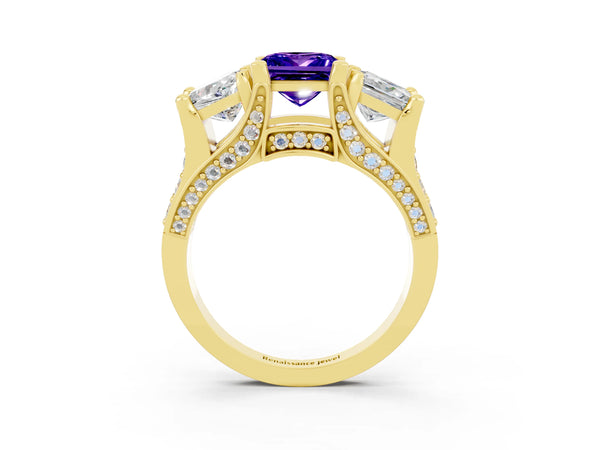 Yellow gold Princess Cut Tanzanite Three-Stone Ring with Channel Set Band and Four-Prong Setting