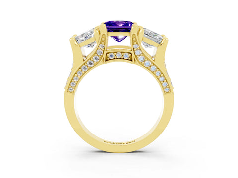 Yellow gold Princess Cut Tanzanite Three-Stone Ring with Channel Set Band and Four-Prong Setting_3
