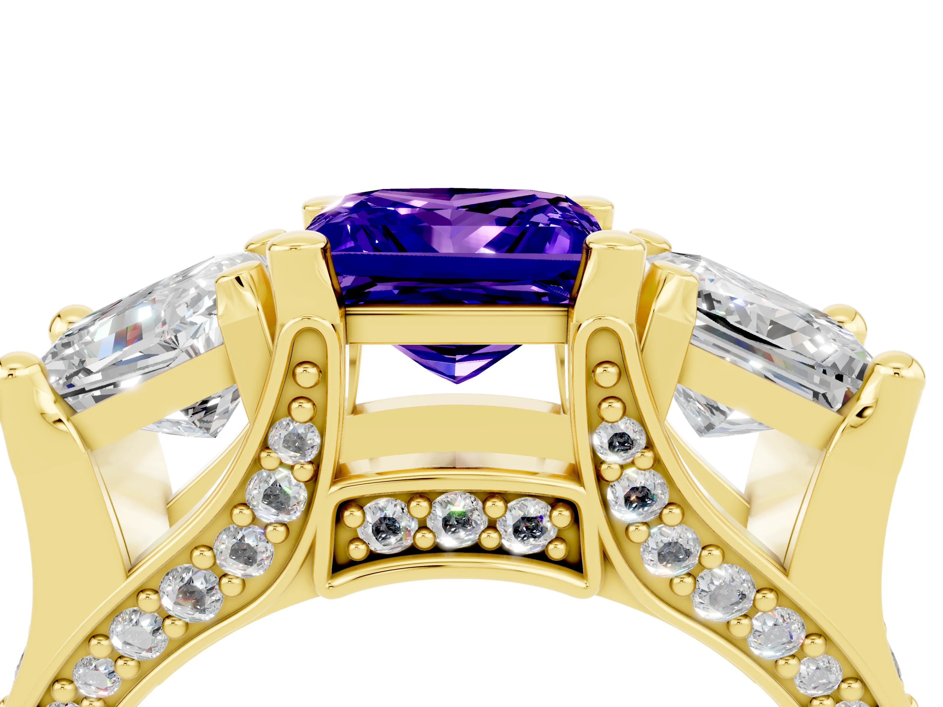 Yellow gold Princess Cut Tanzanite Three-Stone Ring with Channel Set Band and Four-Prong Setting_4