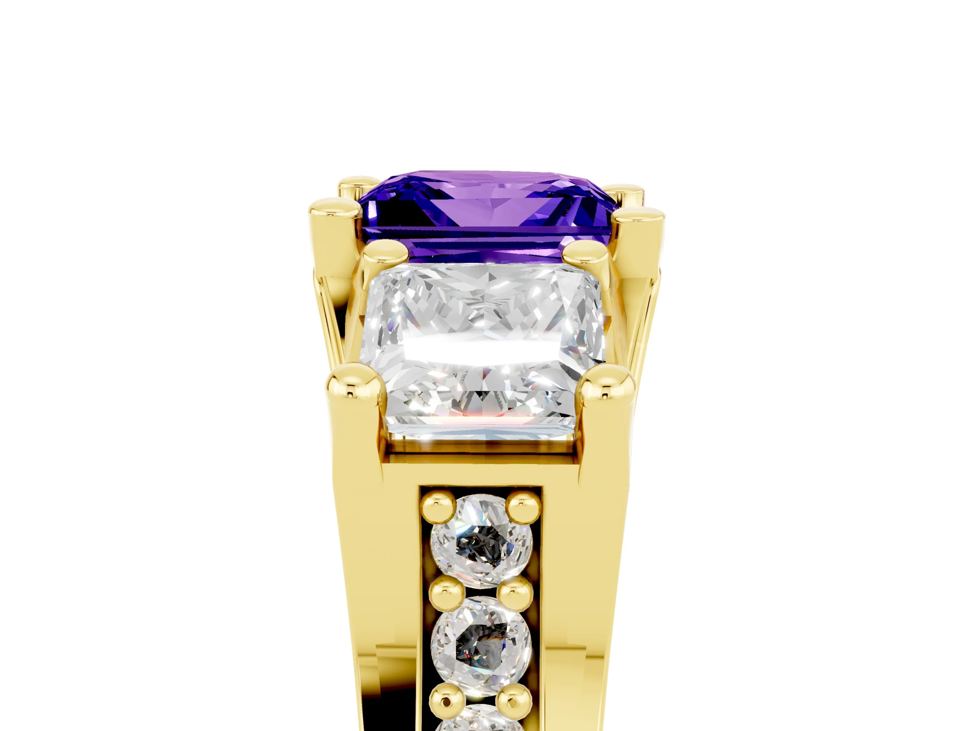 Yellow gold Princess Cut Tanzanite Three-Stone Ring with Channel Set Band and Four-Prong Setting_5