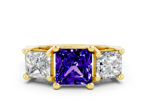 Yellow gold Princess Cut Tanzanite Three-Stone Ring with Channel Set Band and Four-Prong Setting
