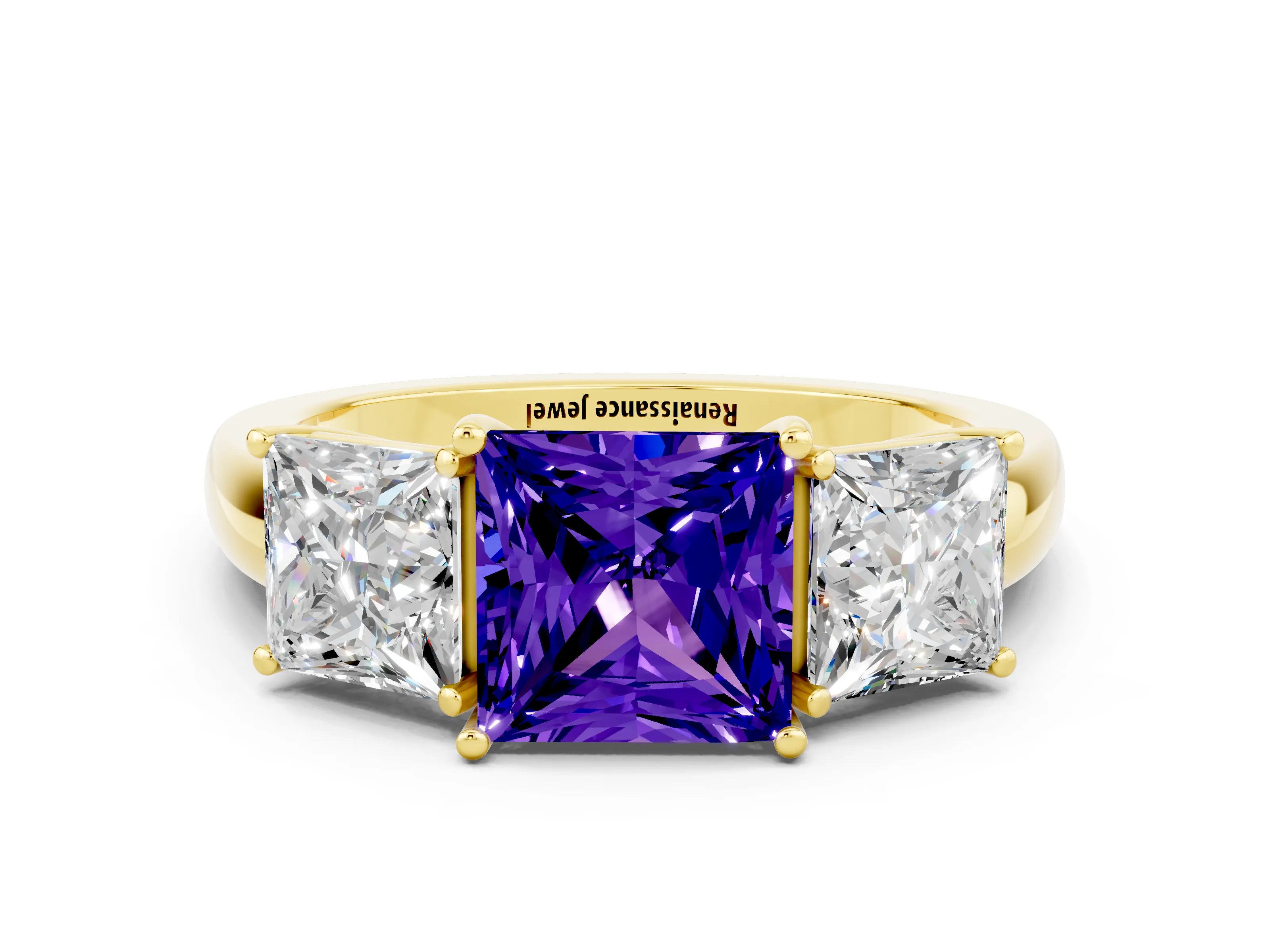Yellow gold Princess Cut Tanzanite Three-Stone Ring with Four-Prong Setting and Classic Band