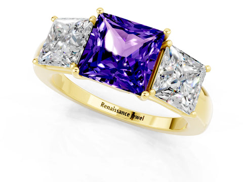 Yellow gold Princess Cut Tanzanite Three-Stone Ring with Four-Prong Setting and Classic Band_1