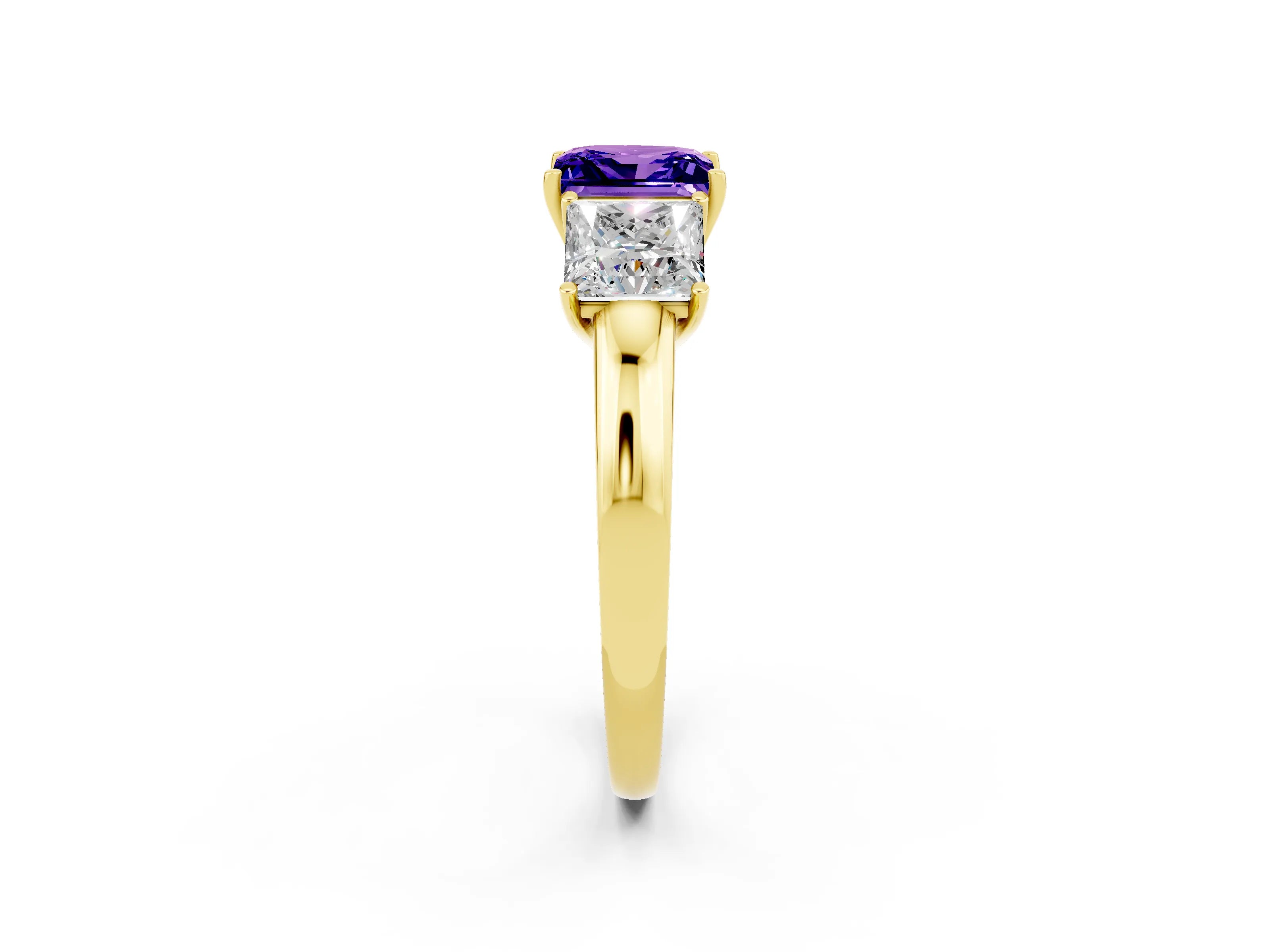 Yellow gold Princess Cut Tanzanite Three-Stone Ring with Four-Prong Setting and Classic Band_2