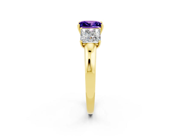Yellow gold Princess Cut Tanzanite Three-Stone Ring with Four-Prong Setting and Classic Band