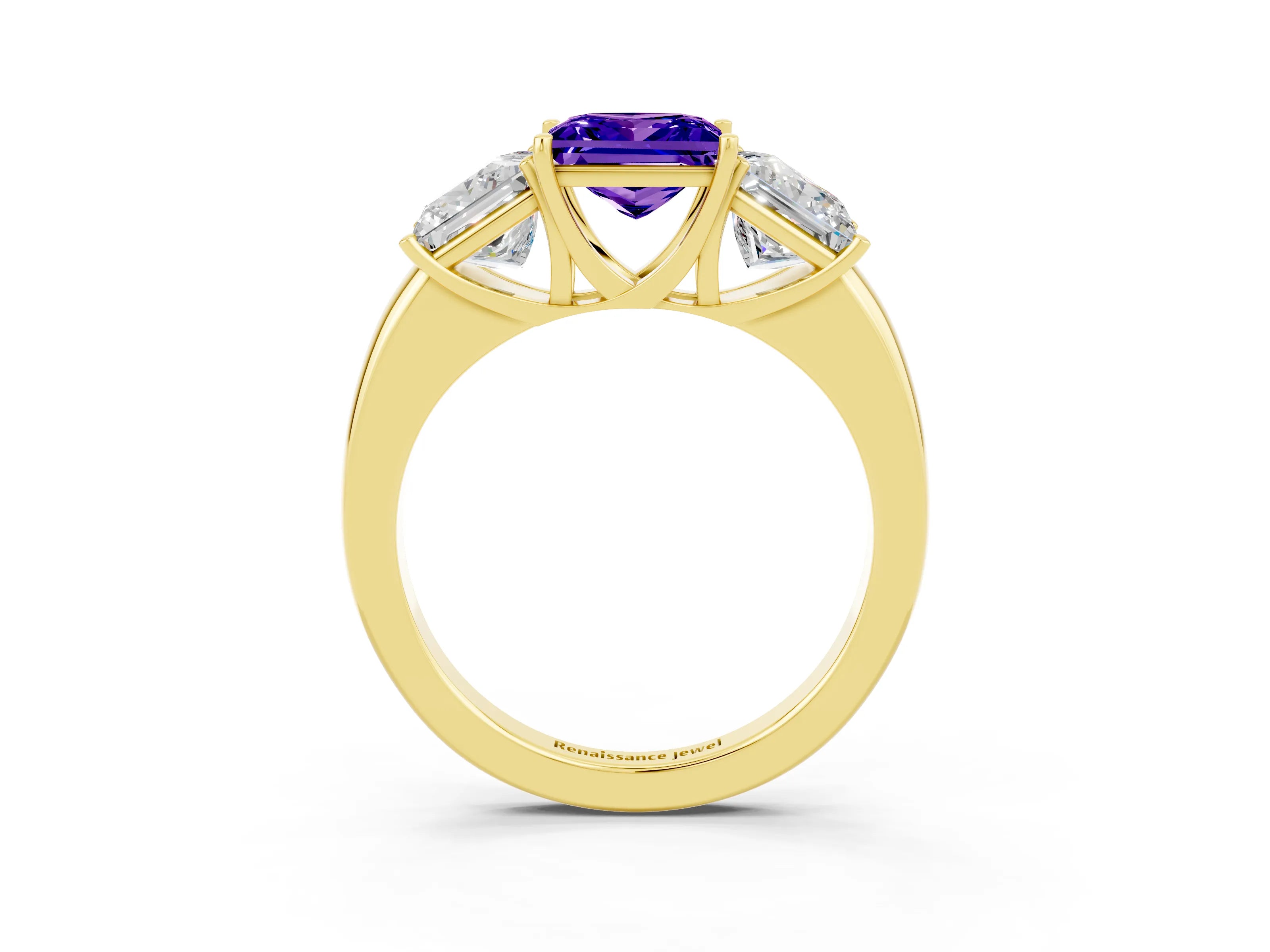 Yellow gold Princess Cut Tanzanite Three-Stone Ring with Four-Prong Setting and Classic Band_3